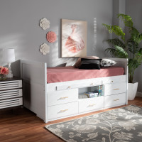 Baxton Studio MG0041-White-Twin Mirza Modern and Contemporary White Finished Wood 5-Drawer Twin Size Storage Bed with Pull-Out Desk